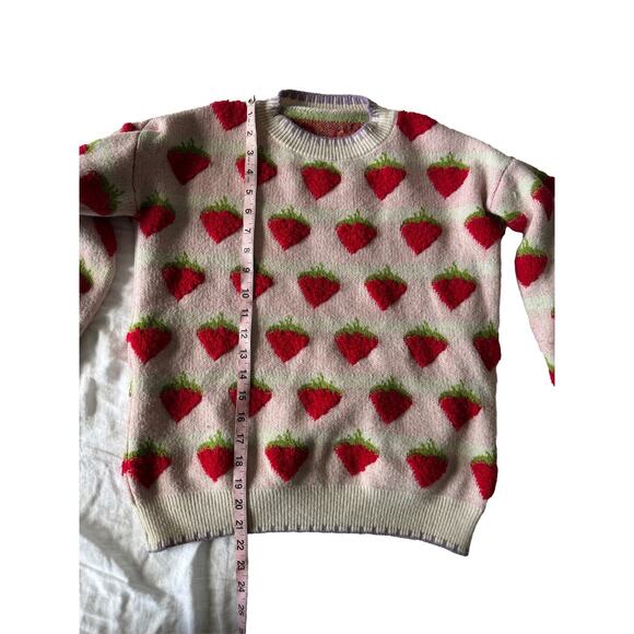 Vintage Handmade Womens Strawberry Knit Sweater Pink White Striped Pullover XS/S - Picture 7 of 9